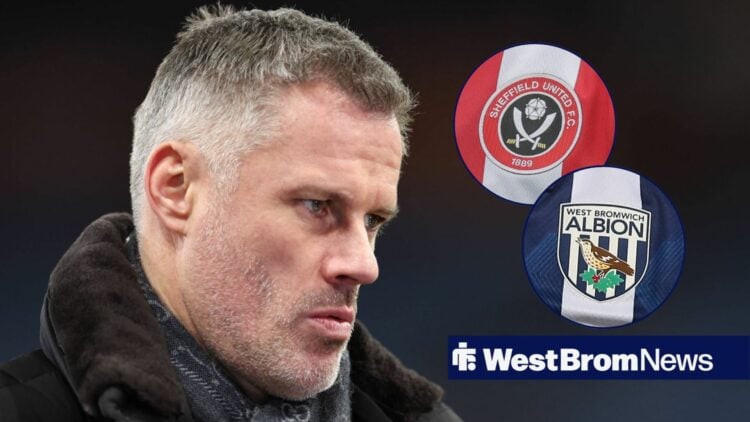 Jamie Carragher looking on with circular insets of West Brom and Sheffield United badges