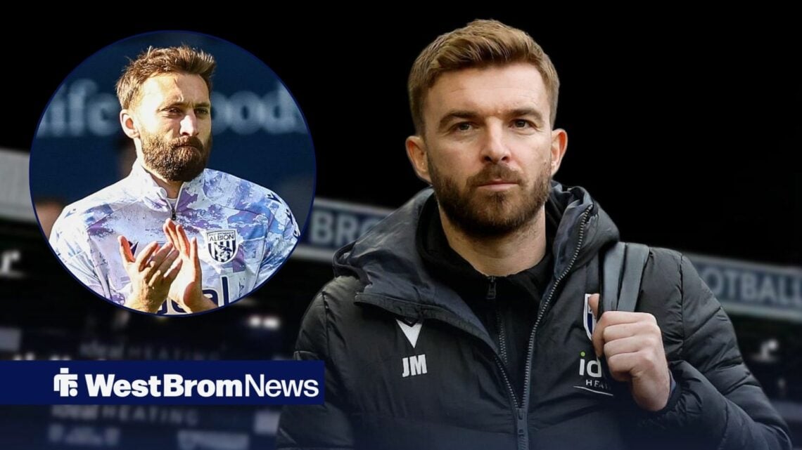 James Morrison looking ahead as he stands in front of The Hawthorns, as West Brom defender Nat Phillips looks at him through large inset on left ha...