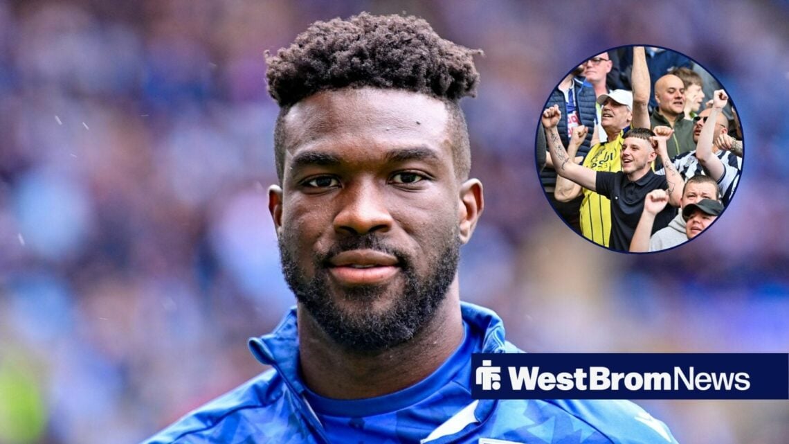 Daryl Dike looks on as West Brom fans celebrate in circular inset