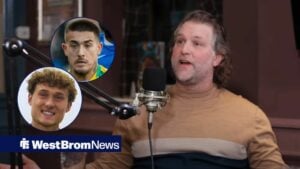 WBATV commentator Andy Johnson looking in the direction of West Brom duo, Danny Imray and Callum Styles.