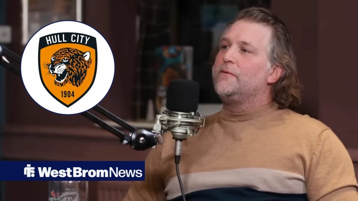 Andy Johnson speaking on the Undr The Cosh podcast looking towards a circle inset of the Hull City badge
