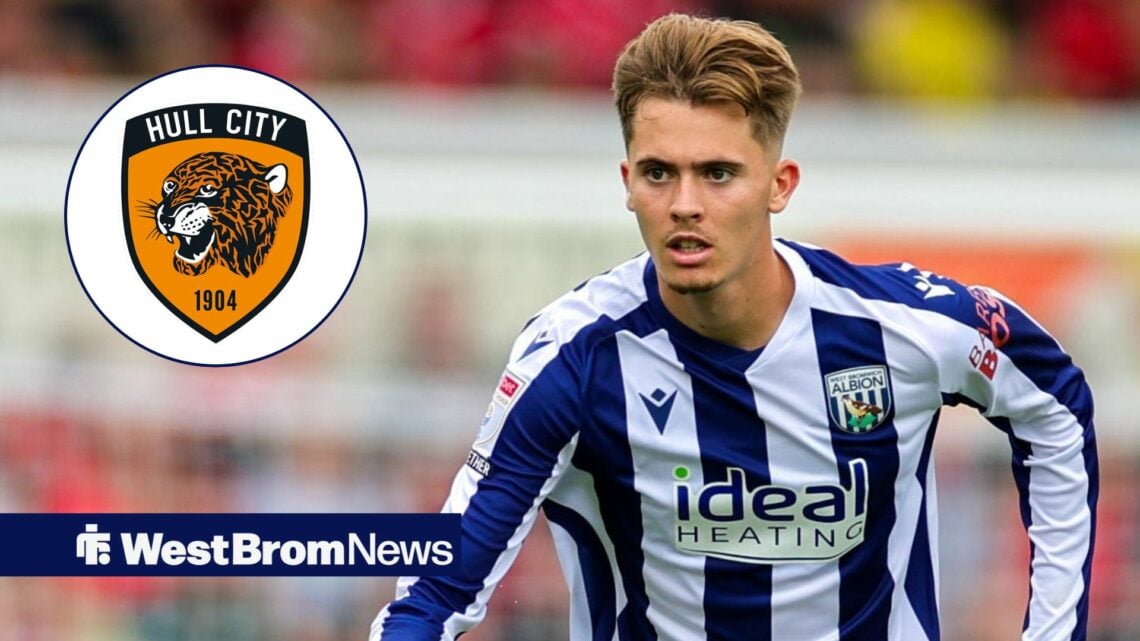 Isaac Price playing for West Brom alongside a circle inset of the Hull City badge