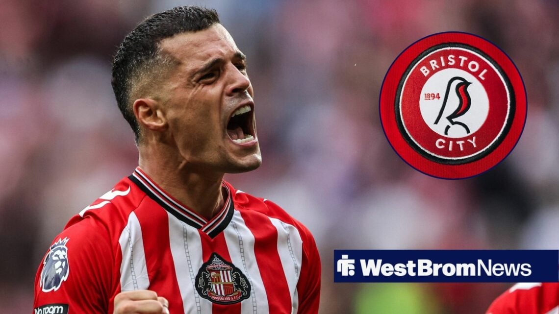 Granit Xhaka celebrating for Sunderland looking towards a circle inset of the Bristol City badge