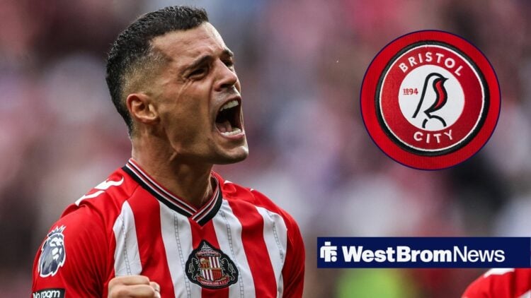 Granit Xhaka celebrating for Sunderland looking towards a circle inset of the Bristol City badge