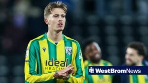 Isaac Price of West Bromwich Albion thanks the fans for their support at full-time during the Sky Bet Championship match between Derby County and West Bromwich Albion at Pride Park in Derby, England