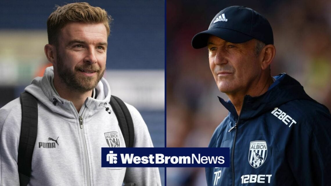 James Morrison smiling looking towards Tony Pulis managing West Brom