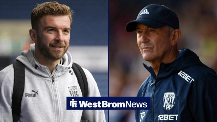 James Morrison smiling looking towards Tony Pulis managing West Brom
