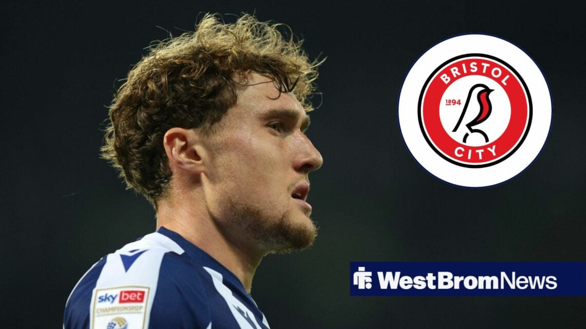 Callum Styles in action for West Brom, Bristol City badge in inset.