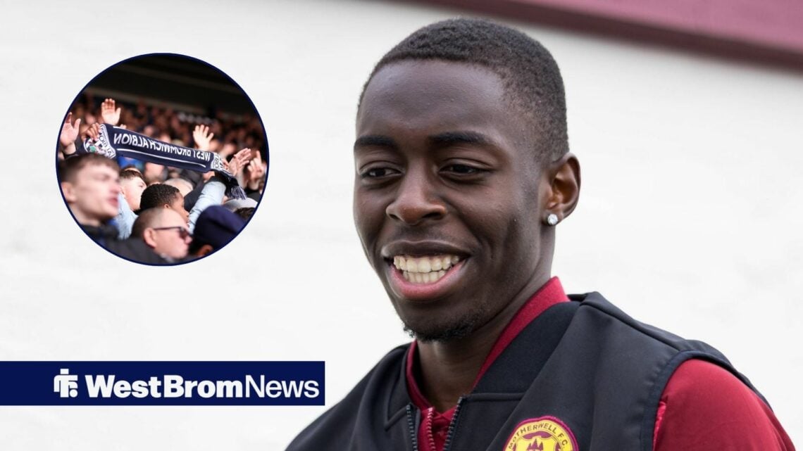West Brom gem Eseosa Sule smiling in Motherwell gear, Baggies fans in inset.