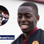 West Brom gem Eseosa Sule smiling in Motherwell gear, Baggies fans in inset.