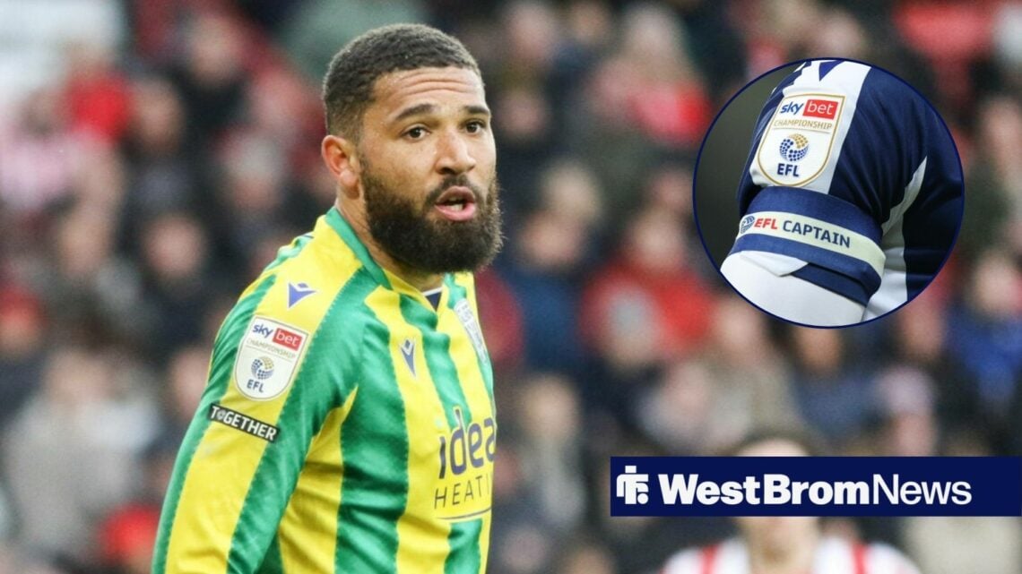 George Campbell in action for West Brom vs Sheffield United at Bramall lane in Sky Bet Championship, West Brom's captain's armband in inset.