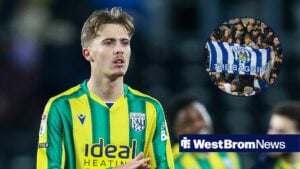 Isaac Price of West Bromwich Albion thanks the fans for their support at full-time during the Sky Bet Championship match between Derby County and West Bromwich Albion, Baggies fans in inset.