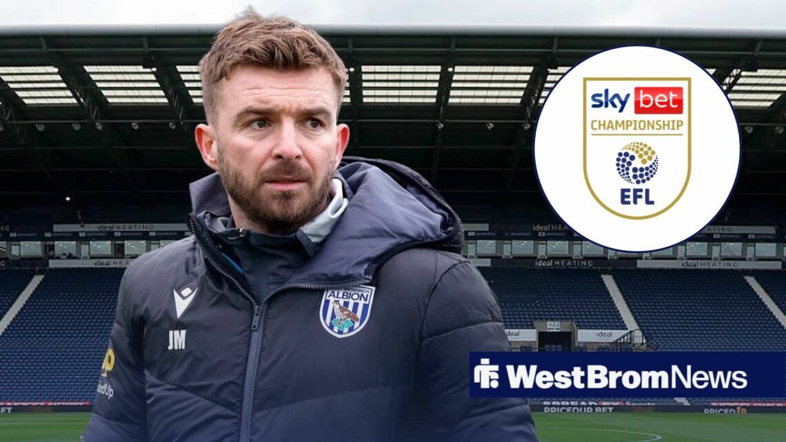 James Morrison looking sad at The Hawthorns, EFL Championship badge in inset.