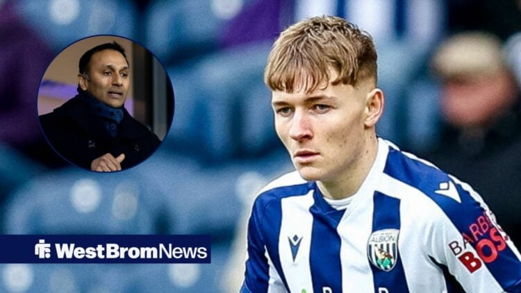 Ollie Bostock in action for West Brom, West Brom owner Shilen Patel watching on.