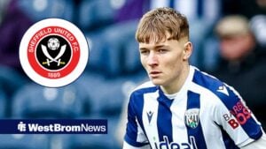 Ollie Bostock in action for West Brom, Sheffield United badge in inset.