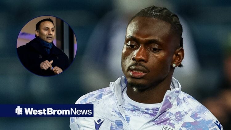 Ousmane Diakite of West Bromwich Albion warms up during the Sky Bet Championship match with Sheffield United, Shilen Patel in inset.