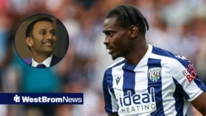 Ousmane Diakite of WBA is in action during the Sky Bet Championship match between West Bromwich Albion and Blackburn Rovers, Shilen Patel in inset.