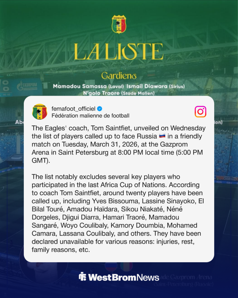 West Brom Ousmane Diakite Mali call-up