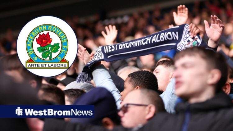West Brom fans at The Hawthorns, Blackburn Rovers badge in inset.