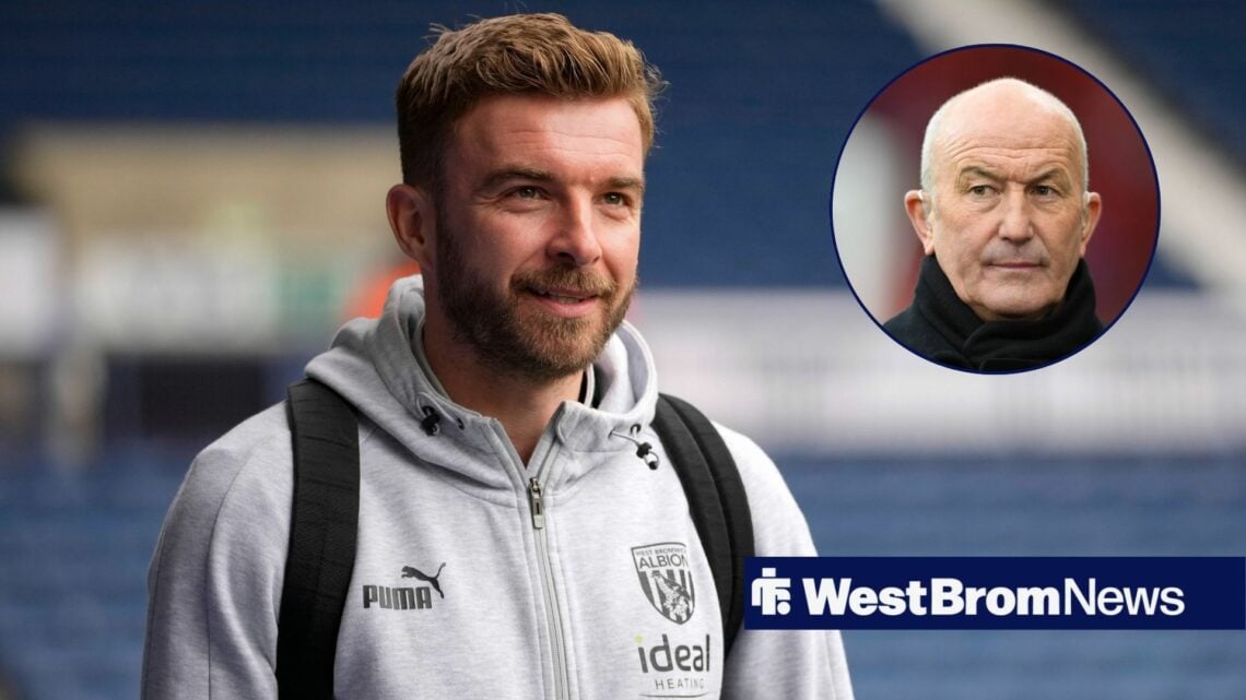 James Morrison smiles while looking at a circular inset of Tony Pulis.