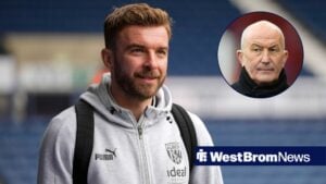 James Morrison smiles while looking at a circular inset of Tony Pulis.