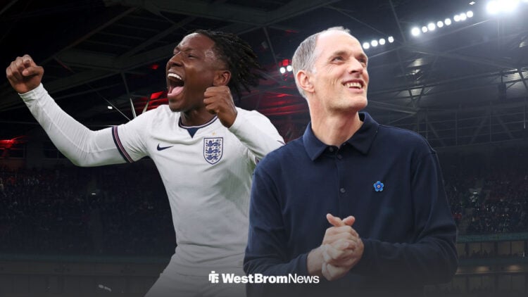 Jamaldeen Jimoh-Aloba celebrating in an England shirt alongside Thomas Tuchel looking happy