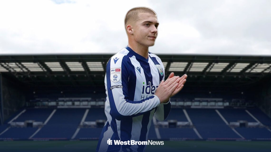 Alfie Gilchrist in front of The Hawthorns in a West Brom shirt.