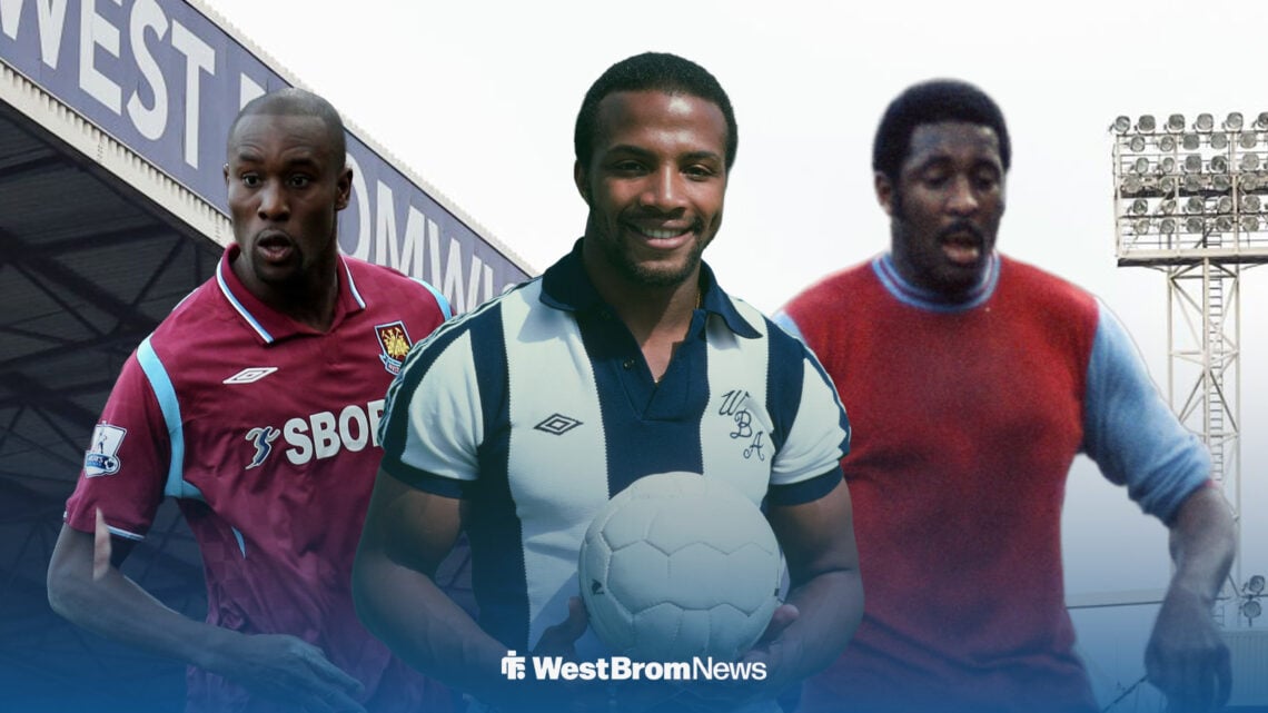 West Brom legend Cyrille Regis is standing centrally with West Ham legends Carlton Cole on the left of him and Clyde Best on his right. All three a...