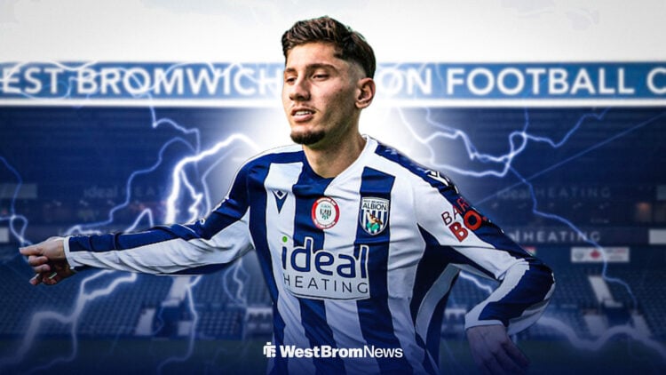 Minnesota United midfielder Nectar Triantis in a West Brom shirt in front of The Hawthorns.