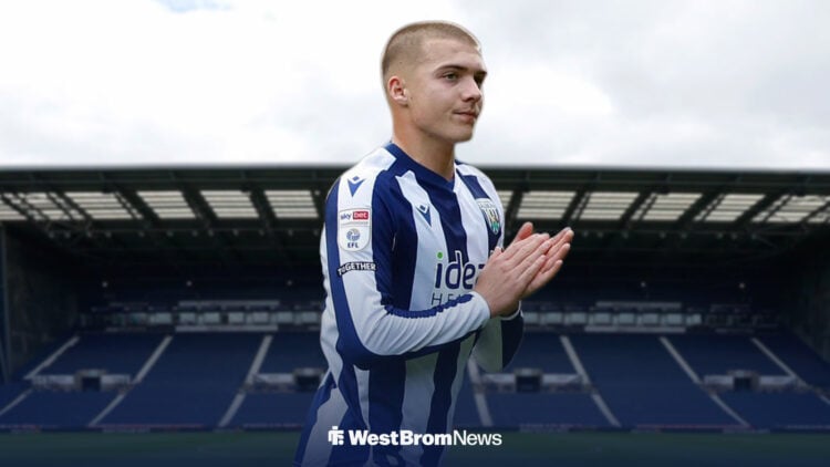 Alfie Gilchrist in front of The Hawthorns in a West Brom shirt.