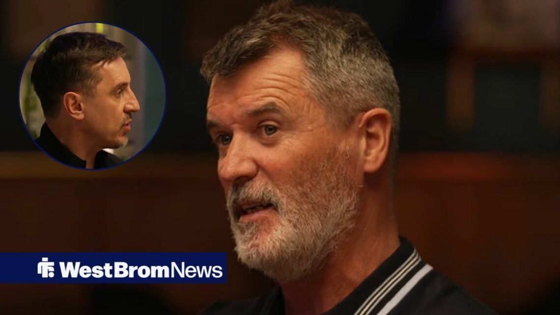 Gary Neville looks on, as Roy Keane makes a point