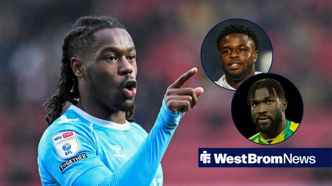 Brandon Thomas-Asante points while playing for Coventry City, Josh Maja, and Daryl Dike (inset)