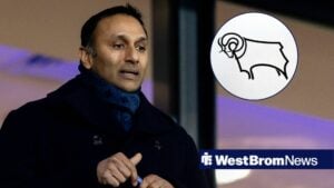 West Bromwich Albion v Blackburn Rovers EFL Sky Bet Championship 12/02/2025. West Bromwich Albion chairman Shilen Patel during the EFL Sky Bet Championship match between West Bromwich Albion and Blackburn Rovers at The Hawthorns, West Bromwich, England on 12 February 2025 and Derby County logo in a circular inset