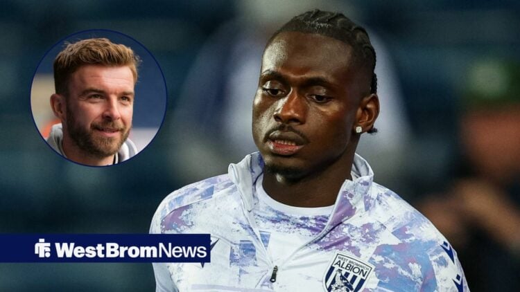 West Brom midfielder Ousmane Diakite warms up before a match, alongside a circular inset of a smiling James Morrison (top left)