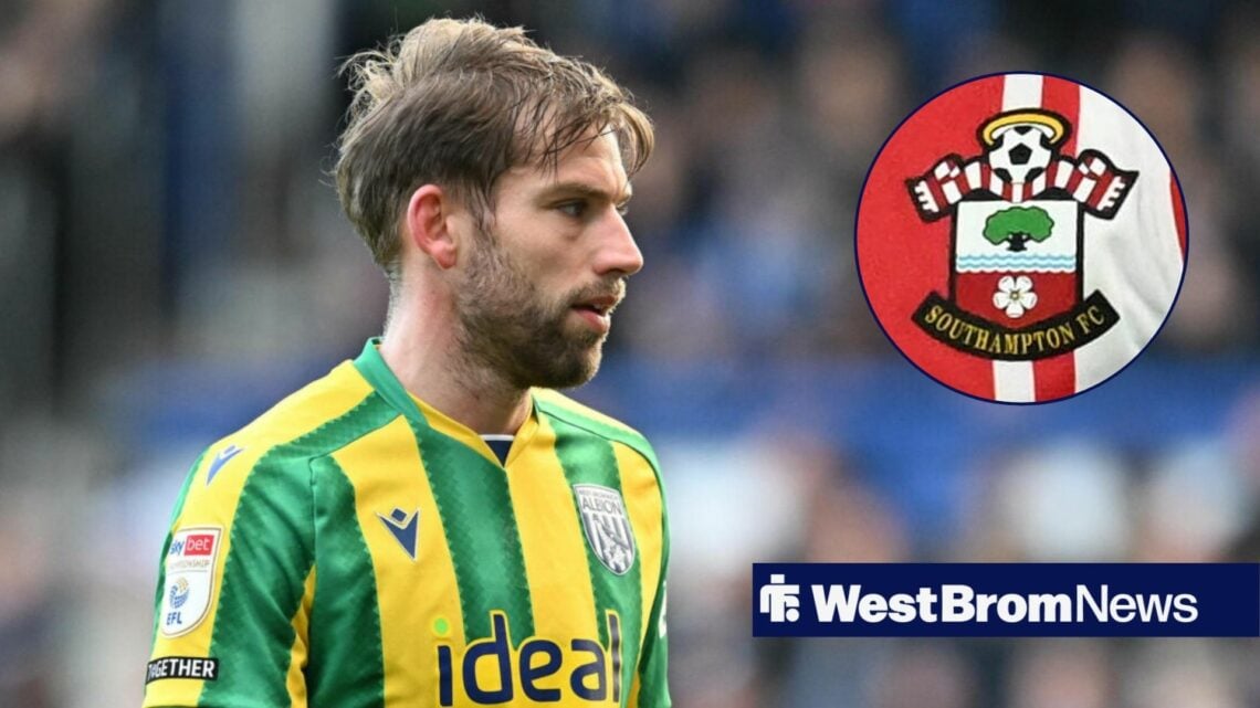 Charlie Taylor playing for West Brom looking towards a circle inset of the Southampton badge
