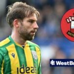 Charlie Taylor playing for West Brom looking towards a circle inset of the Southampton badge