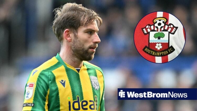 Charlie Taylor playing for West Brom looking towards a circle inset of the Southampton badge