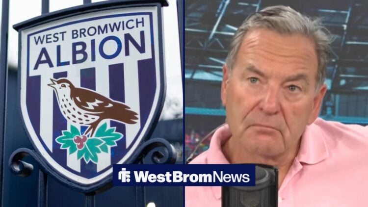 Jeff Stelling speaking on talkSPORT looking towards a West Brom badge
