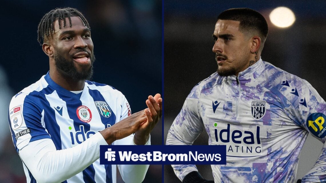 Daryl Dike of West Bromwich Albion thanks the fans for their support at full-time during the Sky Bet Championship match with Hull, Danny Imray of W...