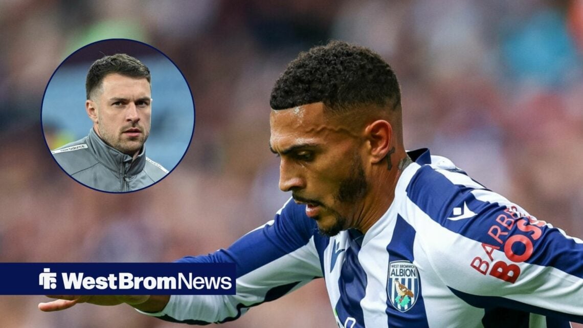 Karlan Grant in action for West Brom, Aaron Ramsey in inset.