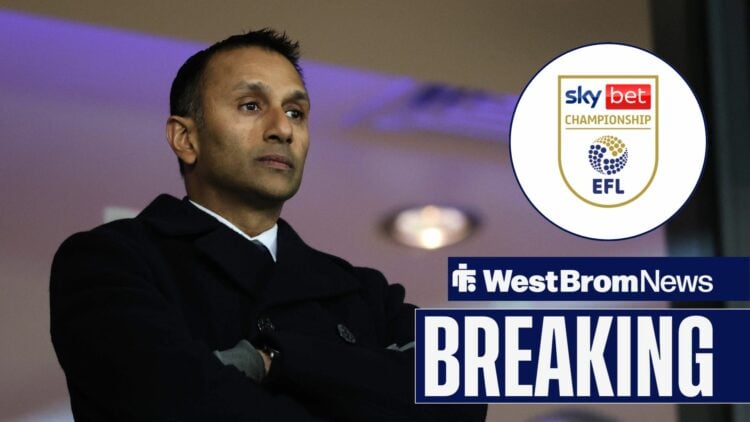 West Brom owner Shilen Patel looking angry, EFL Championship badge in inset.