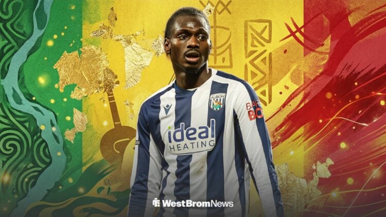 West Brom star Ousmane Diakite with the Mali flag in the background.