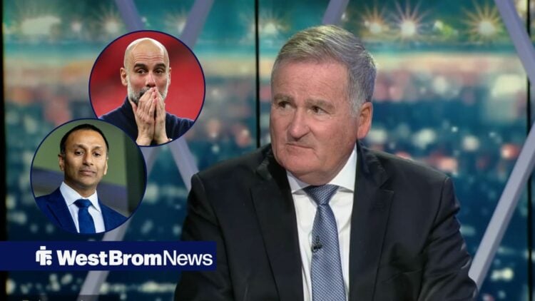 Richard Keys looks towards a circular frame inset of Pep Guardiola and Shilen Patel