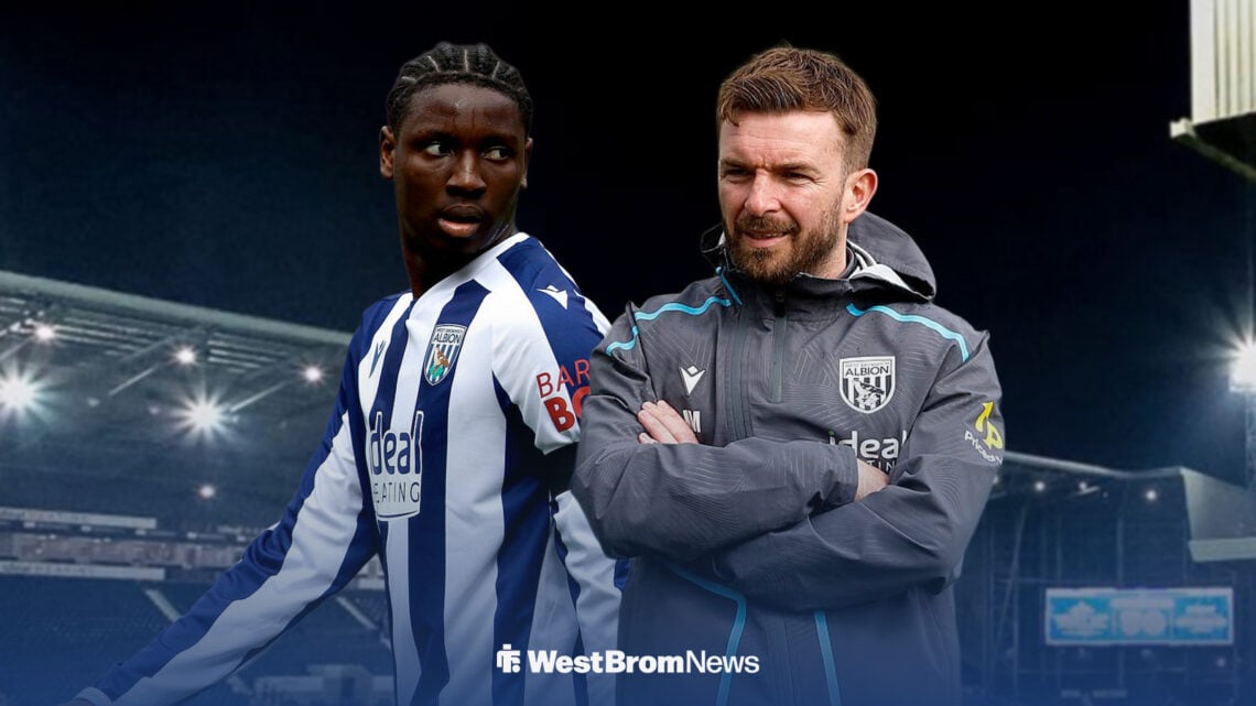 Jamaldeen Jimoh-Aloba in a West Brom shirt looking at his manager James Morrison, who stands next to him. Both outside The Hawthorns.