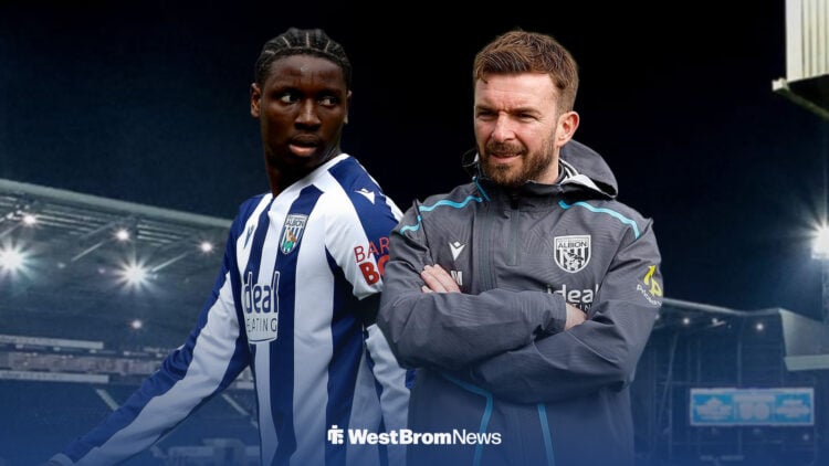 Jamaldeen Jimoh-Aloba in a West Brom shirt looking at his manager James Morrison, who stands next to him. Both outside The Hawthorns.