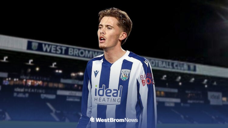 Isaac Price in a West Brom kit in front of The Hawthorns.