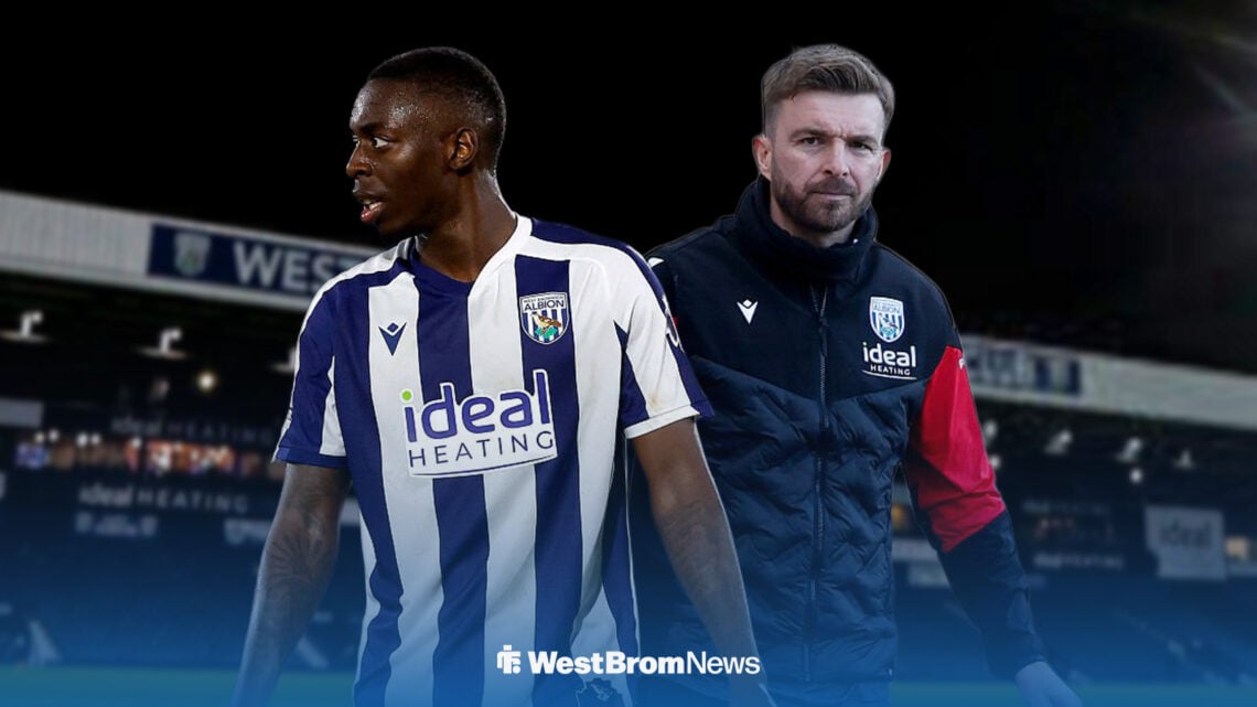 Eseosa Sule in his West Brom kit next to James Morrison and The Hawthorns.