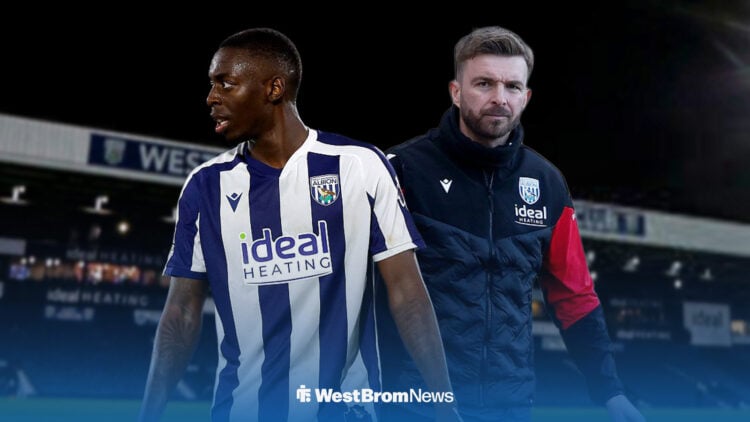 Eseosa Sule in his West Brom kit next to James Morrison and The Hawthorns.