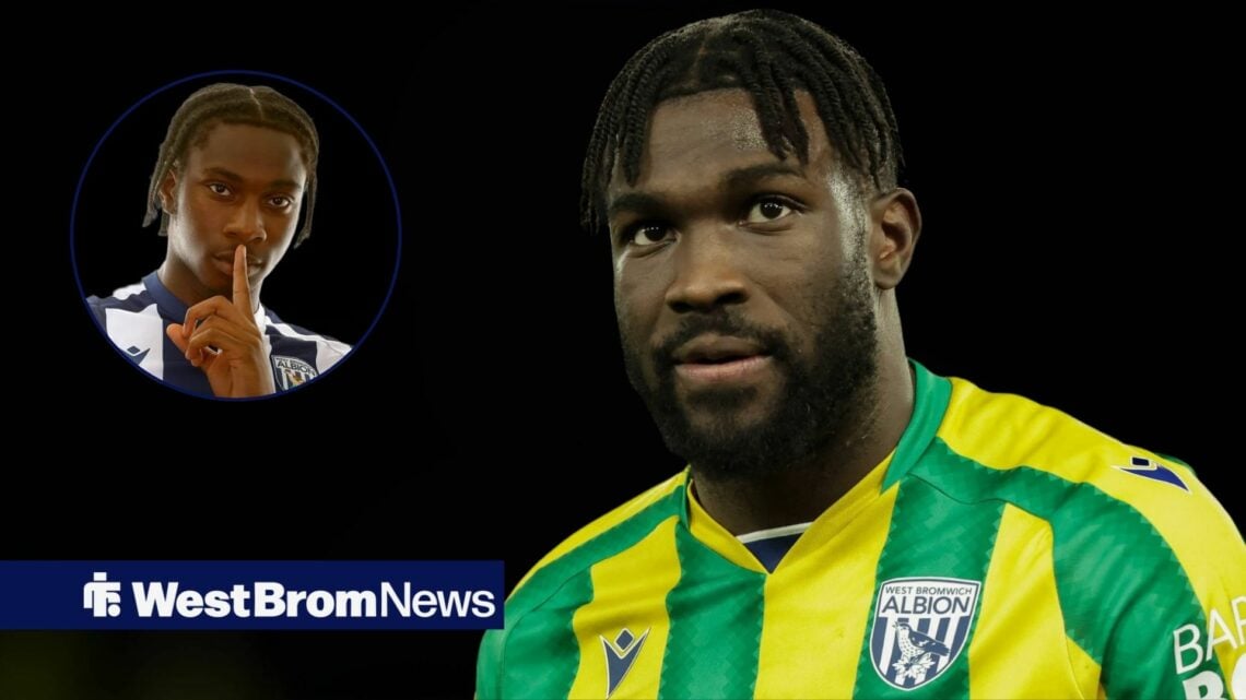Daryl Dike looking annoyed playing for West Brom towards a circle inset of Justin Seven-Seven celebrating for West Brom at The Hawthorns