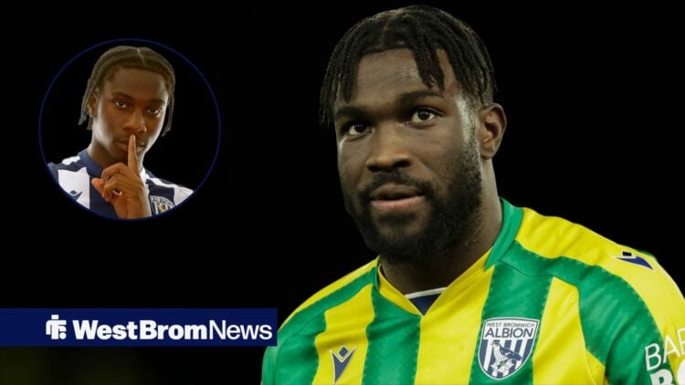Daryl Dike looking annoyed playing for West Brom towards a circle inset of Justin Seven-Seven celebrating for West Brom at The Hawthorns